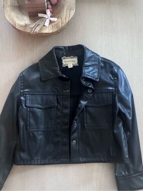 btween Black Faux Leather Cropped Jacket with Patch Pockets